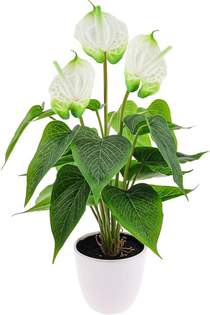 Folmywy Artificial Flower Plants 15 inch Faux Simulation Anthurium White in Plastic Pot Real Touch Fake Flowers Bonsai Decor Garden Balcony Entranceway Living Room Indoor