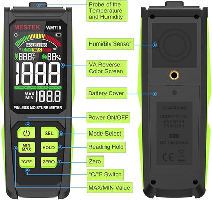 MESTEK Pinless Wood Moisture Meter - Digital Moisture Detector for Lumber Drywall Firewood Masonry Woodworking Plaster Floor Concrete Building, Moisture Reader and Tester with LCD Display & Audible