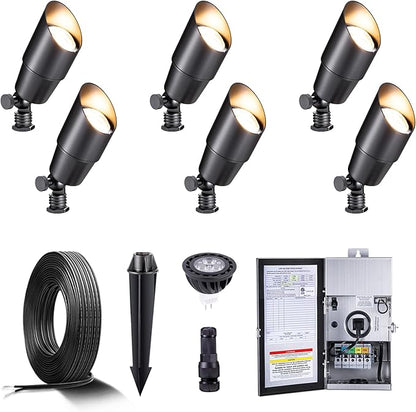 Gardenreet Black Brass Low Voltage Landscape Spotlights(6-Pack) Kit 12V LED with Low Voltage Transformer 150W & Mechanical Timer & 100FT Wire & 30Pack Connectors for Outdoor House Garden Patio