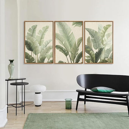 Rantodecor Sage Green Framed Canvas Wall Art, Minimalist Tropical Leaf Wall Decor, Boho Beige Nature Leaf Art Paintings, Bohemian Triple Panel Plant Artwork for Bedroom Living Room Office 16"x24"x3
