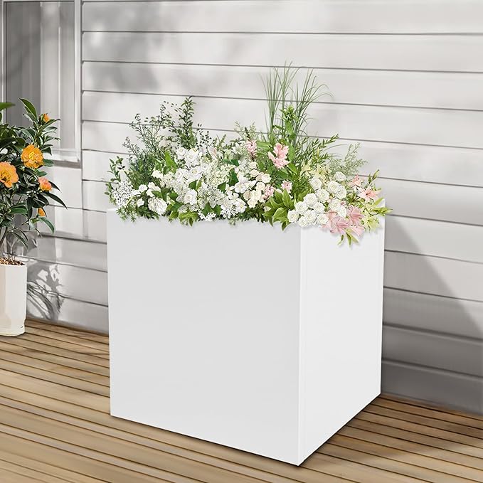 DYNAMI Square Planter Box White Steel Planter,17x17x18in Metal Planter Box Large Cube Plant Pot for Outdoor Plants,Modern Heavy Duty Flower Pot for Patio, Deck, Yard, Garden