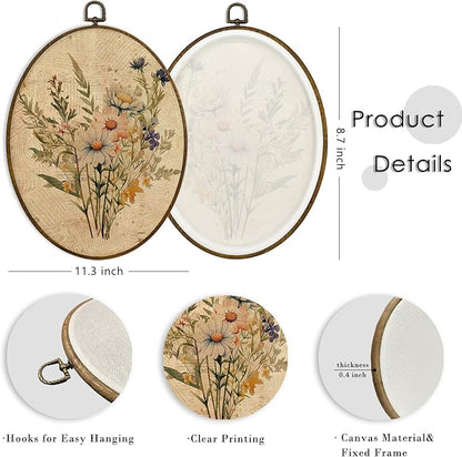 MAQIKA Vintage Floral Oval Framed Wall Art Decor, Boho Flower Wall Decor, Botanical Daisy Oval Wall Hanging Decor, Farmhouse Plant Canvas Prints Wall Art for Kitchen Bathroom Dorm Room, 8.7x11.3 Inch