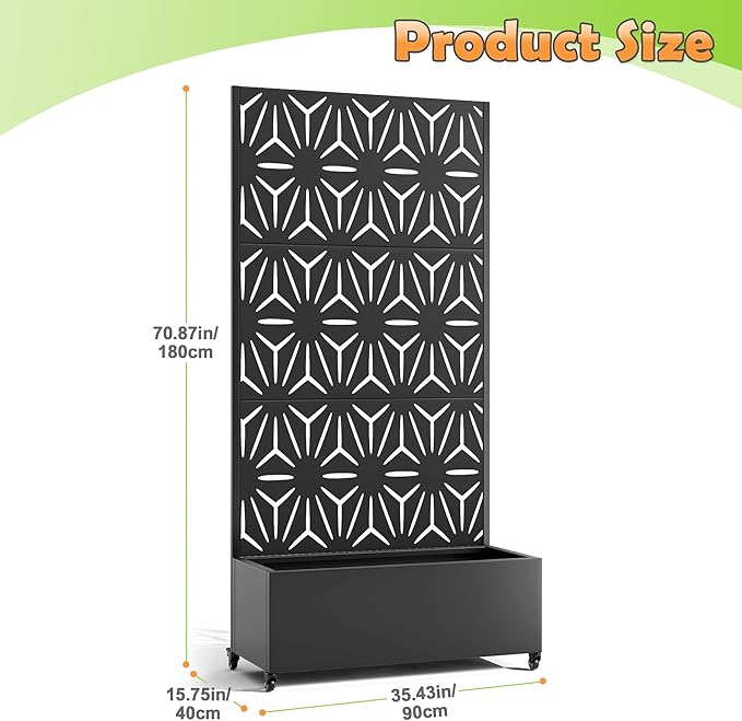 Metal Raised Garden Bed with Trellis, 2-in-1 Planter Box & Privacy Screen for Climbing Plants, Outdoor Standing Flower Bed with Drainage Holes, 35.4" L x 15.7" W x 70.1" H, Black-Star