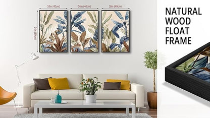 Large Framed Botanical Wall Art - Tropical Leaf Wall Decor 16"x24" Set of 3 Beige Boho Art Prints Minimalist Palm Painting Rustic Plant Canvas Pictures for Living Room Bedroom Office Artwork