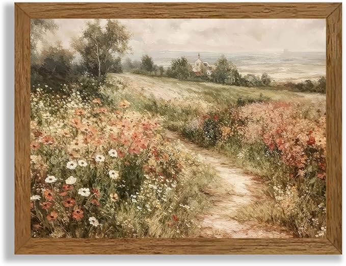 Wojuin Framed Vintage Cottagecore Canvas Wall Art, Landscape Nature Country Wildflower Wall Decor, Farmhouse Modern Rustic Fall Flower Artwork Prints for Living Room Bedroom Bathroom Office 8x10 in