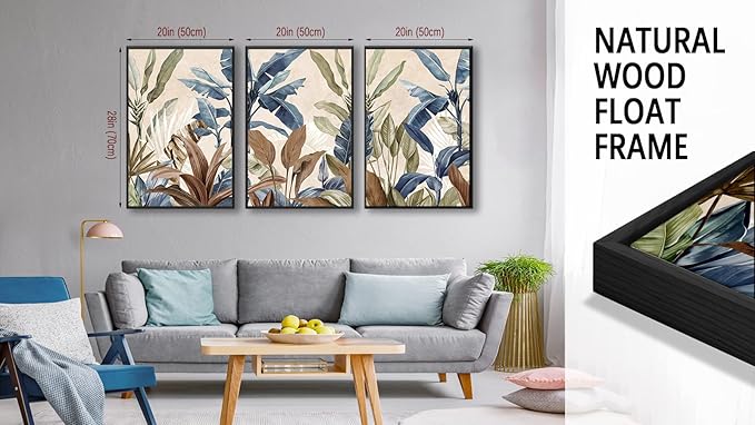Large Framed Botanical Wall Art - Tropical Leaf Wall Decor 20"x28" Set of 3 Beige Boho Art Prints Minimalist Palm Painting Rustic Plant Canvas Pictures for Living Room Bedroom Office Artwork