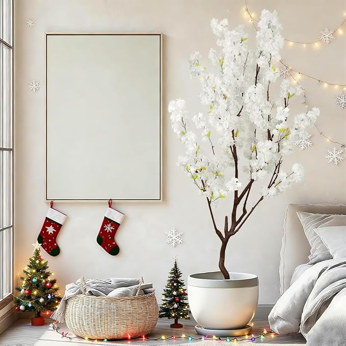 7.2ft Tall Artificial White Cherry Blossom Tree Indoor Decor, Fake Silk Flower Cherry Tree Plant Outdoor, Faux Flowering Tree Christmas New Year Home Decor