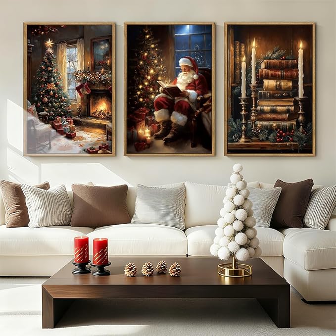 Christmas Wall Art 16x24 Inches Vintage Santa Claus Paintings Framed Christmas Winter Holiday Artwork Set of 3 for Living Room Bedroom