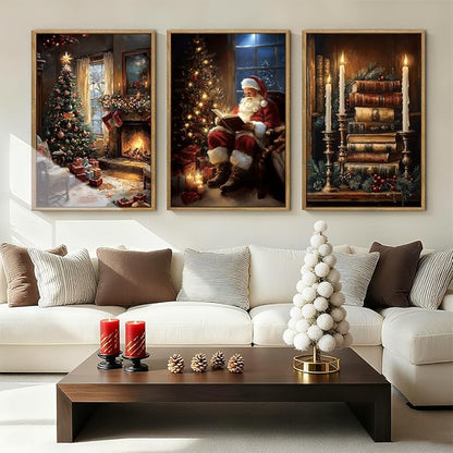 Christmas Wall Art 16x24 Inches Vintage Santa Claus Paintings Framed Christmas Winter Holiday Artwork Set of 3 for Living Room Bedroom