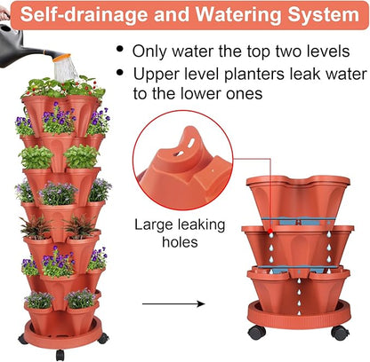 GameXcel Vertical Planter 7 Tier Stackable Planters Garden Planters Strawberry Herb Flower and Vegetable Planter Indoor Outdoor Gardening Pots with Removable Wheels and Tools 2-Pack