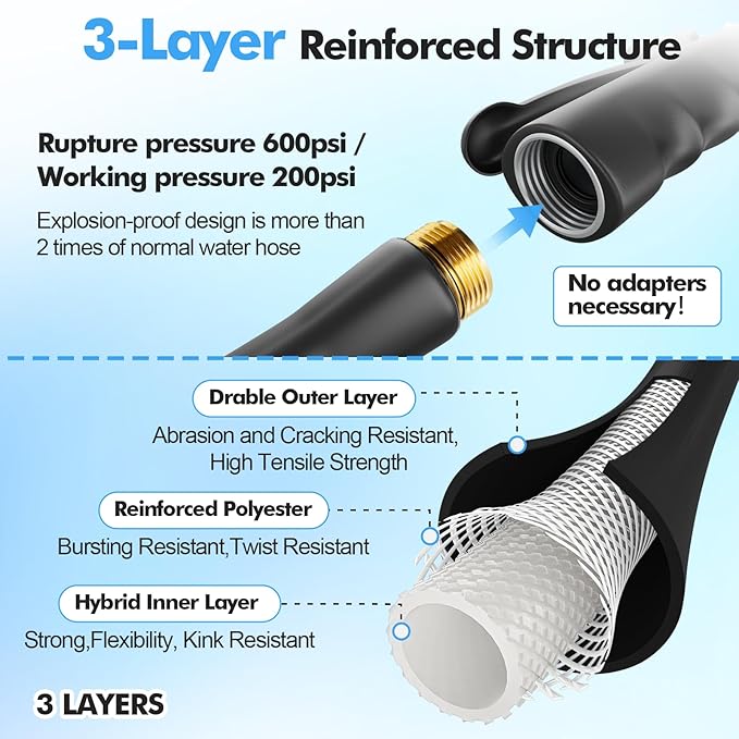 SPECILITE 3/4" Hot/Cold Garden Hose 200 ft with Industrial High Pressure Nozzle, Flexible & Lightweight, 600psi Burst Rubber Water hose -50℉-158℉ With 3/4" Brass Fittings for Yard, Black