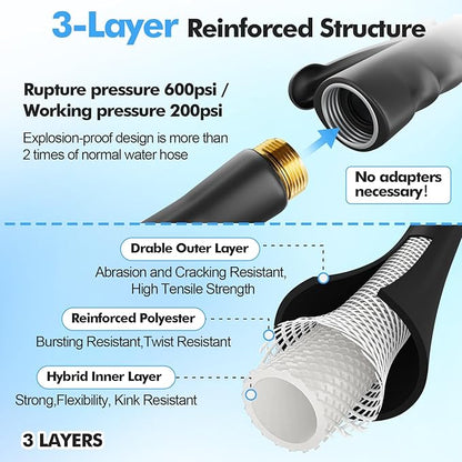 SPECILITE 3/4" Hot/Cold Garden Hose 200 ft with Industrial High Pressure Nozzle, Flexible & Lightweight, 600psi Burst Rubber Water hose -50℉-158℉ With 3/4" Brass Fittings for Yard, Black