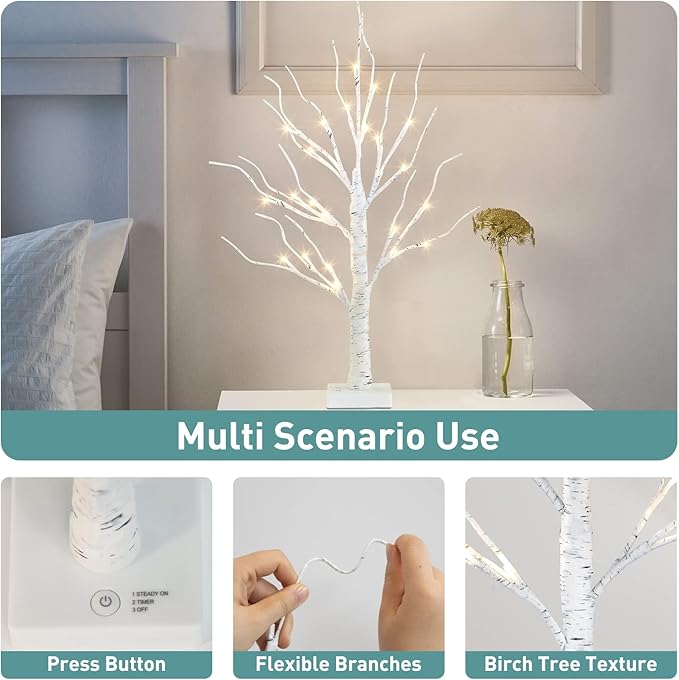 PABIPABI Lighted Birch Tree with LED Lights Christmas Decorations, Small Artificial Bonsai Tree Lights with Timer, LED Tabletop Trees for Home Wedding Decor