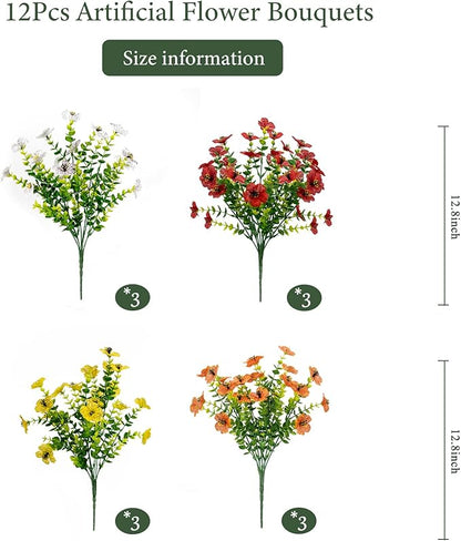 Artificial Flowers for Outdoors UV Resistant, 12 Bundles Realistic Silk Flower Faux Fake Plants for Porch Patio Yard Planters, Spring Summer Home Garden Decor, Rose Red