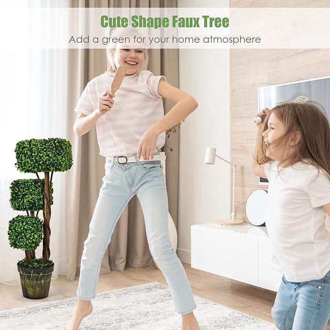 Goplus 36” Artificial Triple Square Shaped Boxwood Topiary Tree W/Cement-Filled Plastic Pot, Fake Plant Faux Greenery Plant Indoor & Outdoor Decoration for Home, Office, Garden, Patio, Entrance