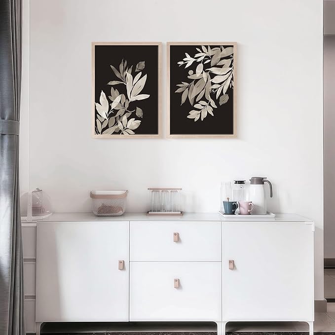Framed Vintage Canvas Wall Art Botanical Leaves Poster Picture Countryside Painting Nature Landscape Modern Home Print Living Room Gallery Office Ready to Hang 12x16 inches x2