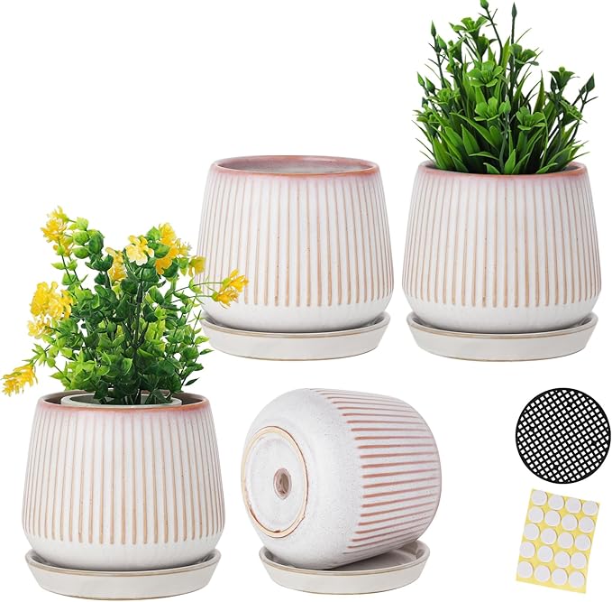 3.5 Inch Ceramic Succulent Planter Pots with Drainage Hole and Saucers, Small Glazed Ceramic Plant Pots for Indoor Flowers, Herbs, Cactus, Outdoor Plants, Pink, Set of 4 (Plants Not Included)