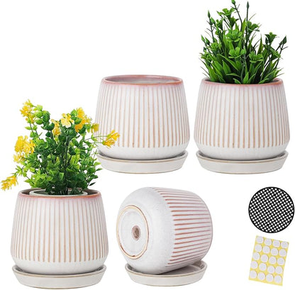 3.5 Inch Ceramic Succulent Planter Pots with Drainage Hole and Saucers, Small Glazed Ceramic Plant Pots for Indoor Flowers, Herbs, Cactus, Outdoor Plants, Pink, Set of 4 (Plants Not Included)