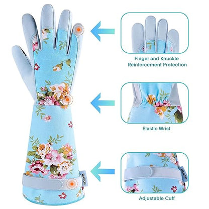 Long Gardening Gloves for Women, Breathable Flexible Fit, Comfortable Durable Work Gloves for Planting, Weeding & Outdoor Yard Activities, Blue Medium