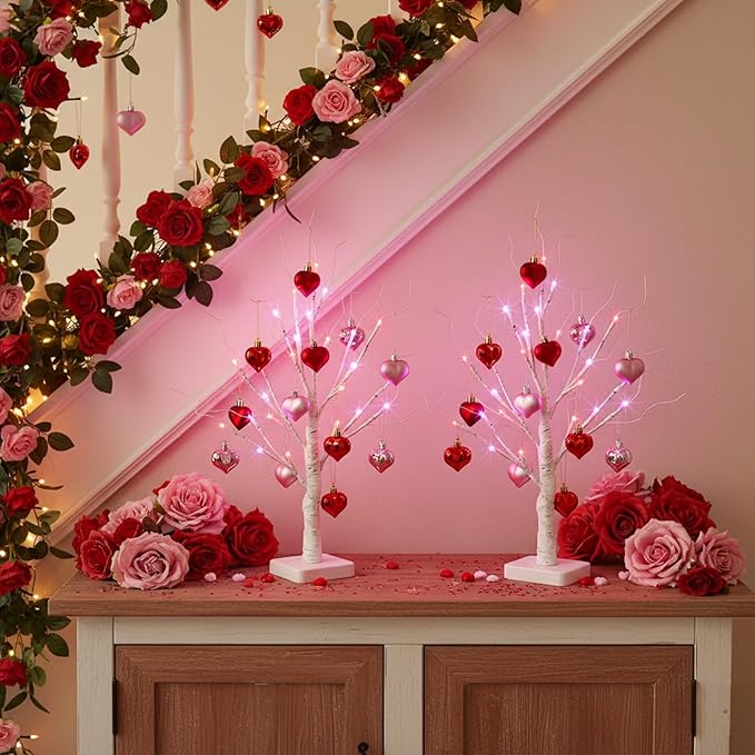 Valentines Day Decorations 2Pack Birch Tree with Hanging Heart-Shaped Ornaments, Lighted Artificial Trees with 24 LED Pink&Red Lights, Light Up Twig Tabletop Battery Operated for Home Indoor Table