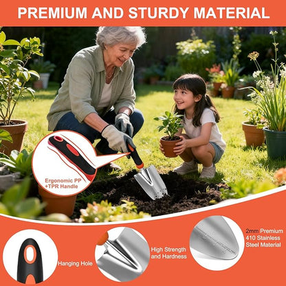 Yesker Gardening Tools 7-Piece Heavy Duty Garden Tool Set Gardening Supplies Gifts for Women Men Gardening Hand Tool Kit with Non-Slip Ergonomic Handle, Garden Bag, Pruning Shears, Black Orange