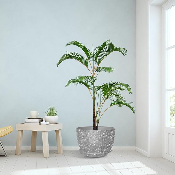 12 Inch Large Plant Pots, Flower Pots with Multi-Mesh Drainage Holes and Saucer, Plastic Planters for Indoor and Outdoor Garden Plants (Speckled Grey, 12")