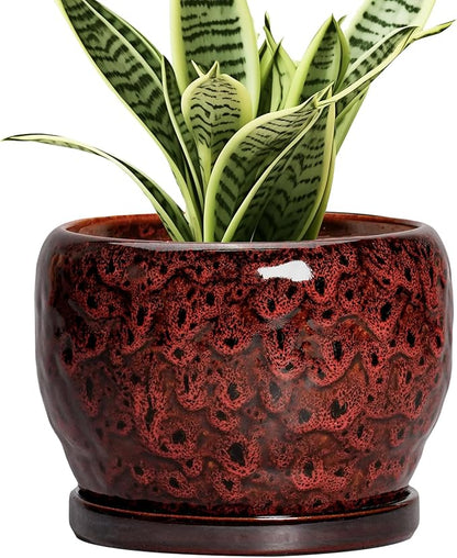 SQOWL Ceramic Pot for Plants - 6 Inch Plant Pot Indoor with Drainage Hole and Saucer, Decorative Flower Pot Outdoor, Round Succulent Planter, Front Porch Decor, House Warming Gifts New Home, Red