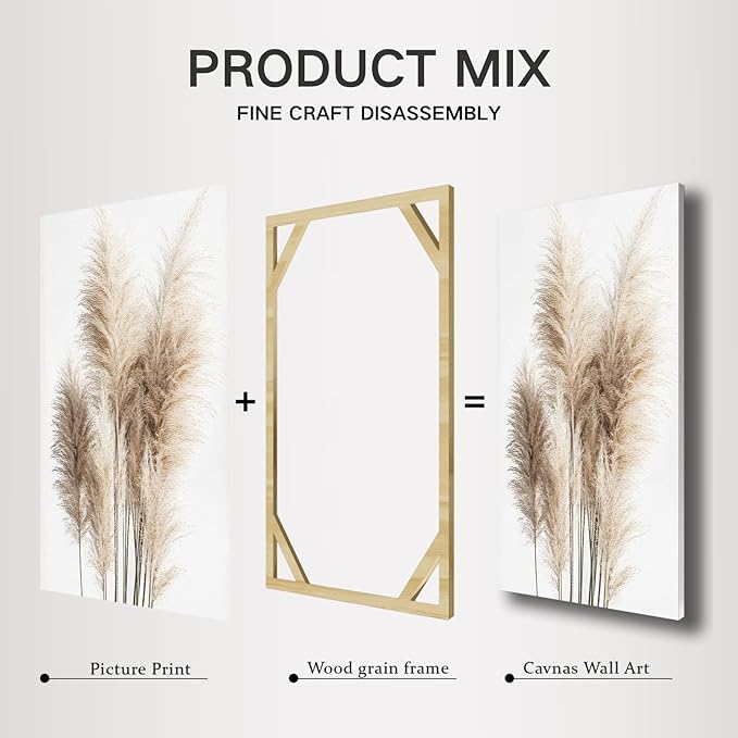 Wivsev Pampas Grass Canvas Wall Art,Beige Botanical Wall Art,Nature Botanical Pictures Prints,Minimalist Wall Decor for Living Room,Bedroom,Bathroom Decorations (16" x 24" x 3 pcs)