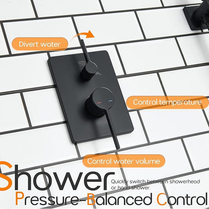 Bathroom Rainfall Shower System Set with 10'' Rain Shower Head, 3-Setting Handheld Spray, Valve Included Wall Mounted Matte Black SF001MB-D10