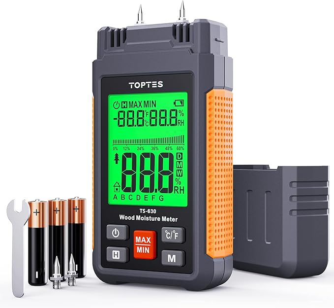 Wood Moisture Meter, TopTes Digital Moisture Meter TS-630, Handheld Humidity Tester with 2.25-inch LCD Display, Tricolor Backlight, Check The Dampness Level on Firewood/Drywall - Orange