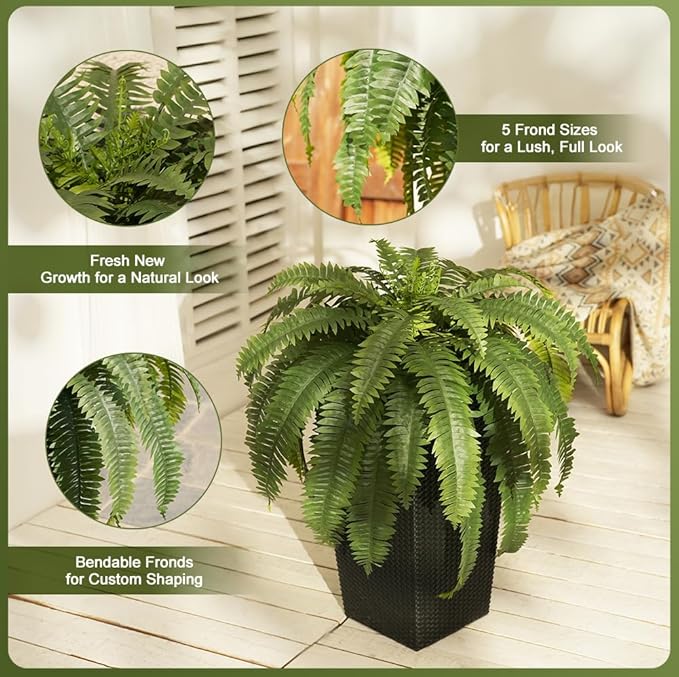 48" Boston Ferns Artificial Outdoor Plants - 39 Fronds UV Resistant Faux Greenery with Taper Planter- Realistic Fake Bushes Front Porch Decor for Garden, Patio, Indoors - Set of 2, VN153