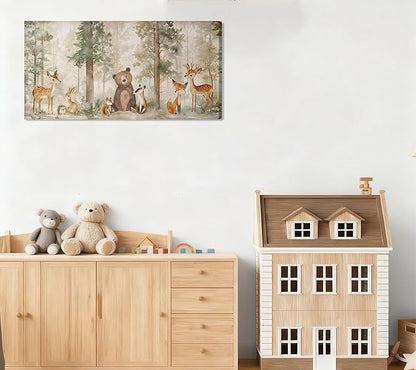 Large Frame Woodland Animal Nursery Canvas Wall Art Wild Animal Forest Painting Picture Wall Decor Fox Bear Deer Watercolor Poster Printing Artwork for Boys Room Girls Room Home Decoration 24x12"