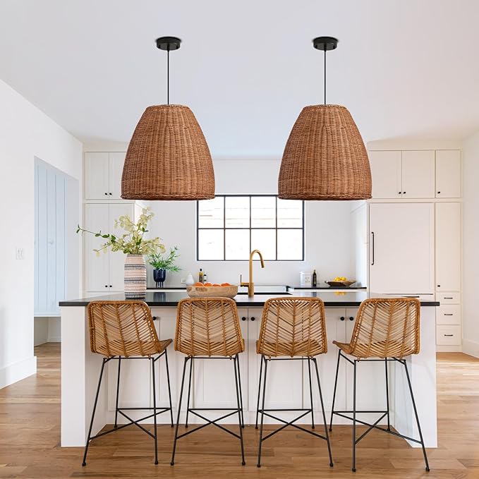 Rustic Rattan Chandelier Light Fixtures, 16.5IN Boho Hand Woven Pendant Light, 3-Lights Farmhouse Lampshade Dinning Room Hanging Lamp for Living Room Kitchen Island Hallway Bedroom Hallway