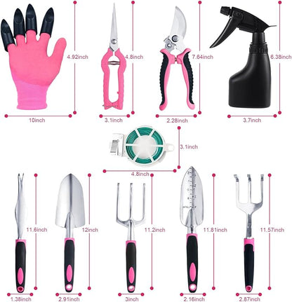 Covacure Gardening Tool Set - 11 Piece Aluminum Alloy Steel Hand Tool Starter Kit with Garden Bag, Outdoor Tool, Heavy Duty Gardening Work Set, Gardening Tools Gift for Women and Men（Pink）
