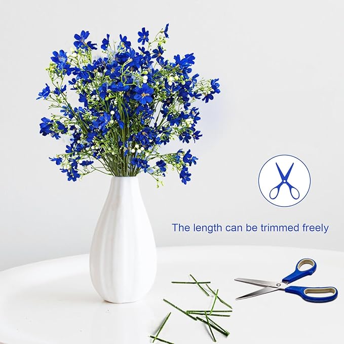 10 PCS Silk Flowers with Long Stems Artificial Flower for Tall Vase Outdoors Fake Babys Breath Bouquet Faux Floral Wedding Party Decoration Home Indoor Table Centerpiece Decor (Blue)