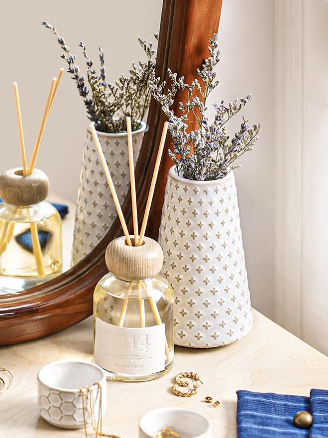 Small Flower Vase for Decor, 6 Inch White Ceramic Embossed Vase for Lego Flowers, Tulip and Pampas Grass, Home Living Room Dining Table Office Decor, Arctic White-Clover