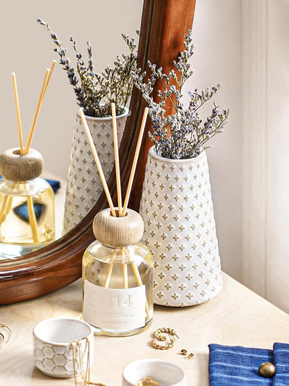 Small Flower Vase for Decor, 6 Inch White Ceramic Embossed Vase for Lego Flowers, Tulip and Pampas Grass, Home Living Room Dining Table Office Decor, Arctic White-Clover