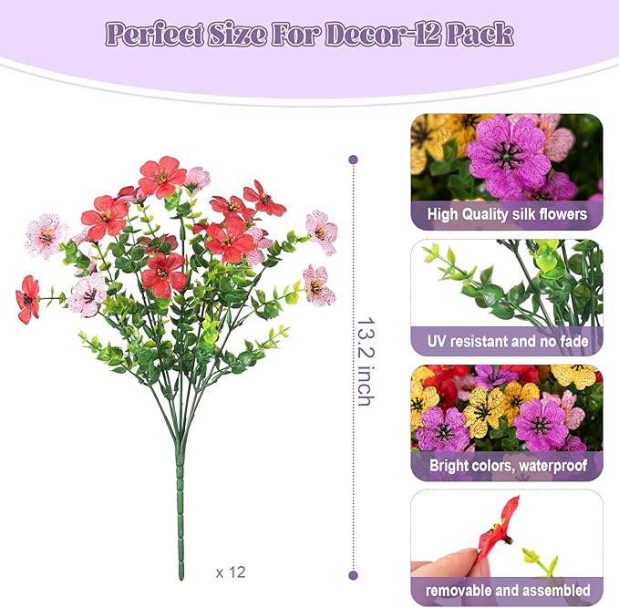 Artificial Fake Mums Flowers for Outdoor Fall Decor,12 Bundles Faux Flowers Plants Silk Daisy for Planter Pot Colorful UV Resistant Look Real for Front Door Porch Patio Outside Yard