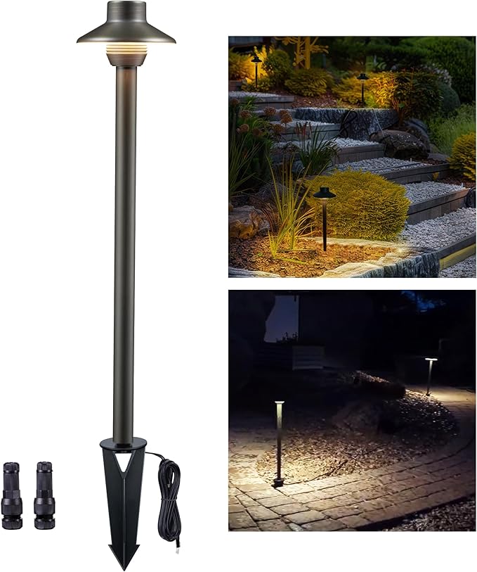 Gardenreet Landscape Path Lights Brass, 12V Low Voltage Pathway Lights Wired, Outdoor Garden Lights LED Waterproof, Mini Shade Bronze for Yard Walkway Driveway Without G4 Bulb
