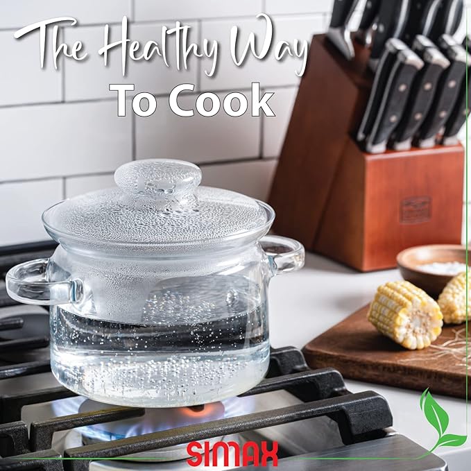 Simax Simmer Pot for Stove Potpourri, 48 Ounce Glass Pots for Cooking on Stove, Clear Pots for Cooking, Glass Cookware, Easy Grip Handles, Oven, Microwave, Stove and Dishwasher Safe Borosilicate Glass