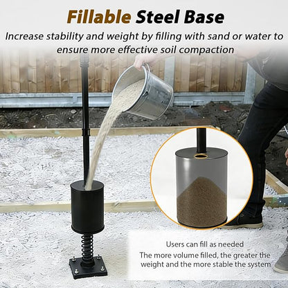 Heavy Duty Steel Tamper Tool with 51 Inch Adjustable Handle, Fillable Base, Buffer Spring, Steel Tamper for Efficient Leveling Soil, Asphalt, Driveways, Landscaping, Yard, Sand, Driveway