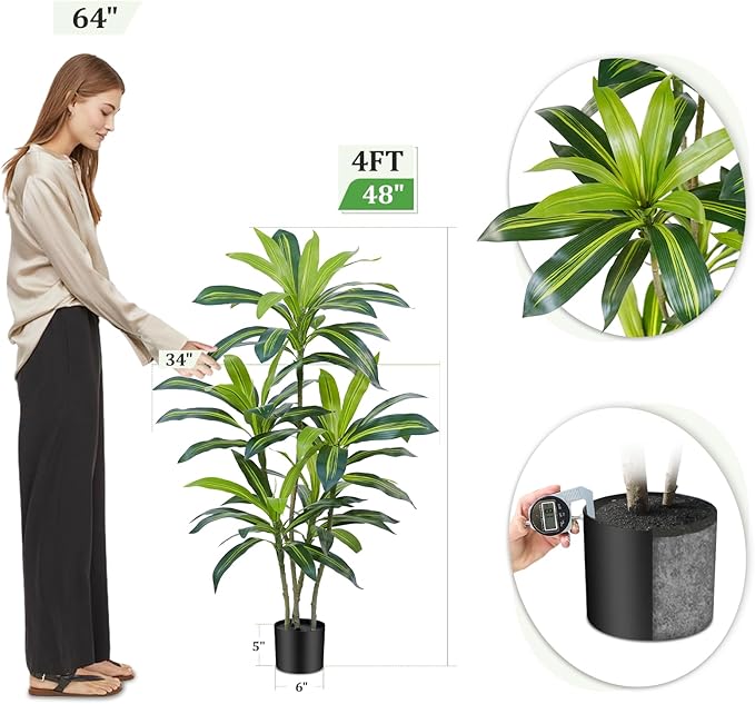Dracaena Plant Artificial Tree 4Ft Tall Fake Tropical Floor Plants Potted (Real Touch) Artificial Silk Tree Leaf Faux Trees Black Tall Planter for Home Office Living Room Indoor Outdoor Decor