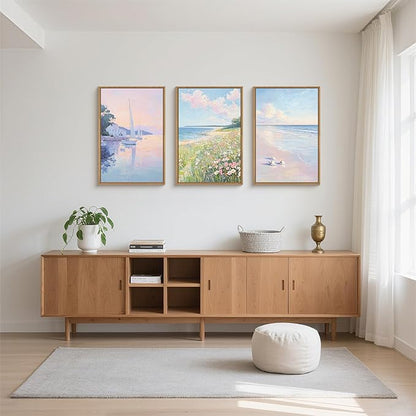 Pink Pastel Coastal Colorful Wildflower Framed Canvas Wall Art Set,Watercolor Preppy Floral & Sailboat Seascape Decor,Dreamy Textured Beach Artwork for Living Room,Bedroom,Farmhouse- 24"x36"x3