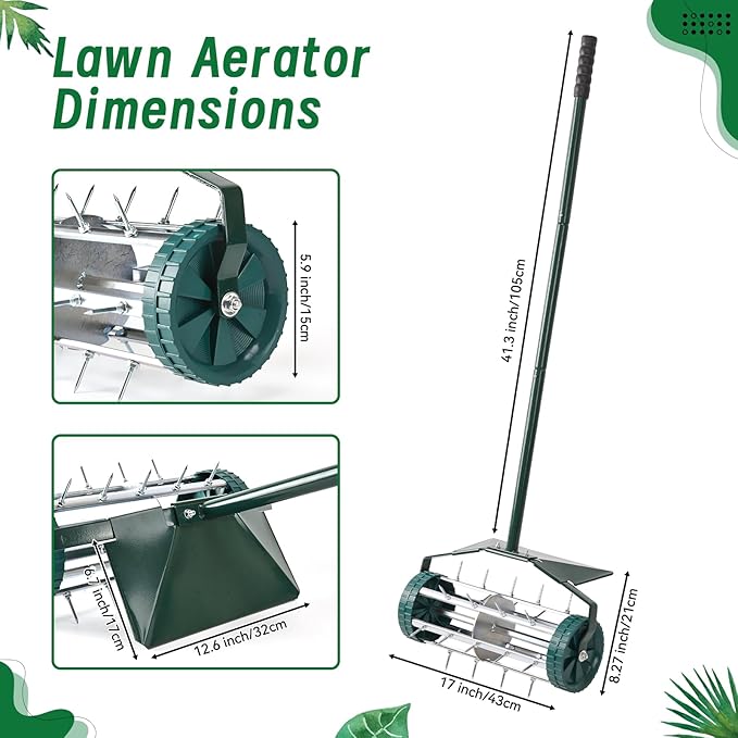 18-Inch Spike Rolling Lawn Aerator for Grass. Heavy Duty Manual Push Aerator Lawn Tool,Soil Health for Garden&Yard Tool(Green with Fender)