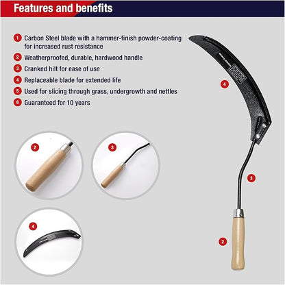 Spear & Jackson Little Giant Scythette Grass Hook, Heavy Duty Garden Tool, Sharp Curved Blade, Wooden Handle, Cut and Clear Grass Weeds and Overgrowth