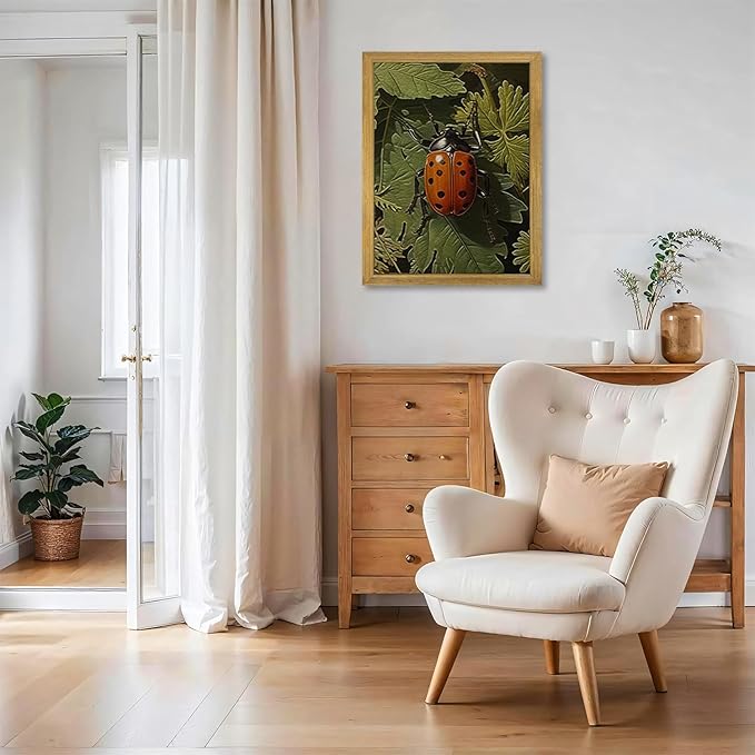 SAMHOU Framed Vintage Beetle Wall Art, 3D Textured Hand Drawn Sandstone Drawn Bug Artwork, Nature Botanical Wall Decor Painting, Rustic Woodland Cottagecore Oil Paintings 16''x24''