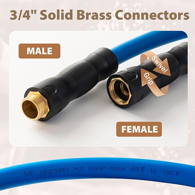 5/8" Hot/Cold Water Hose 10ft, -50℉ To 190℉ Heavy Duty,Flexible,Burst 600 Psi 3/4" Brass Fittings with Swivel Grip Handle for Outdoor,Yard, Farm, Blue