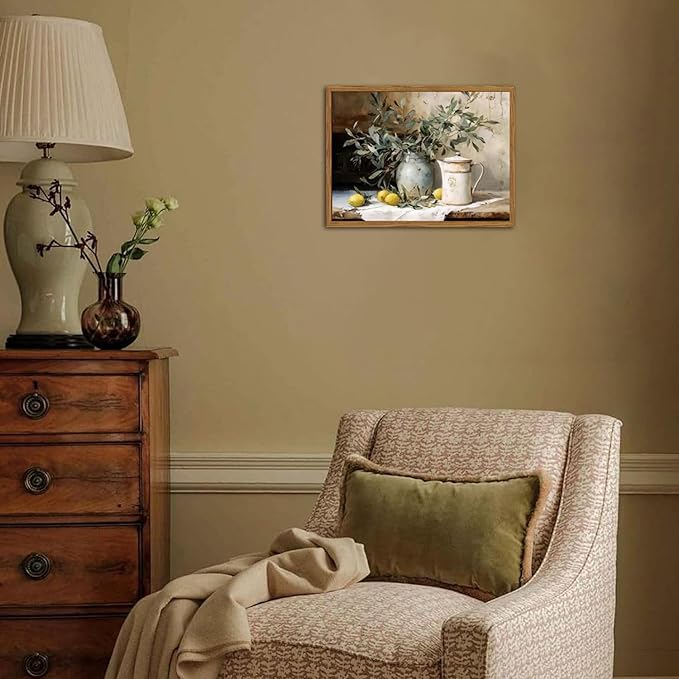Framed Vintage Kitchen Wall Art, Rustic Yellow Lemon Still Life Pictures Wall Decor, Country Botanical Paintings Canvas Prints Farmhouse Home Decor for Dining Room Living Room 16x24 inch