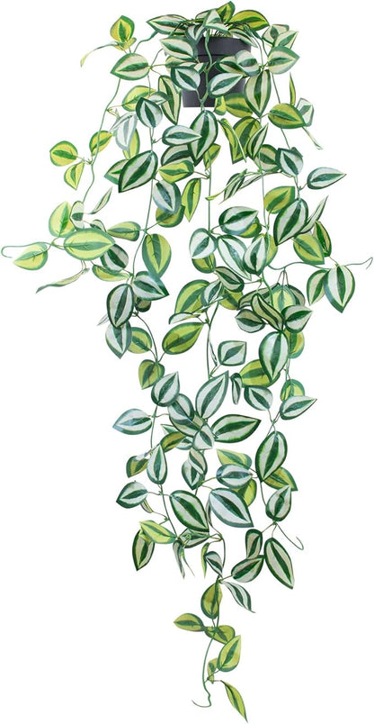 LOYWREE Fake Hanging Plants - Small Potted Plants with Green Eyebrow-Leaf Trailing Vines, Indoor Outdoor Aesthetic Decor for Office, Living Room Shelf & Home Accent (Black Pot)
