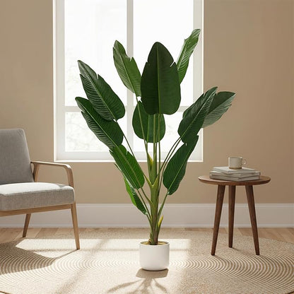 Tall Artificial Bird of Paradise Banana Leaf Plant with White Pot, Realistic Faux Palm Tree with 12 Leaves, Decorative Indoor Greenery for Living Room, Bedroom, or Office, 120cm